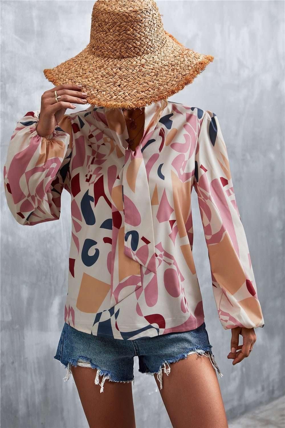 Printed Tie Neck Puff Sleeve Blouse - VILLA FASHION